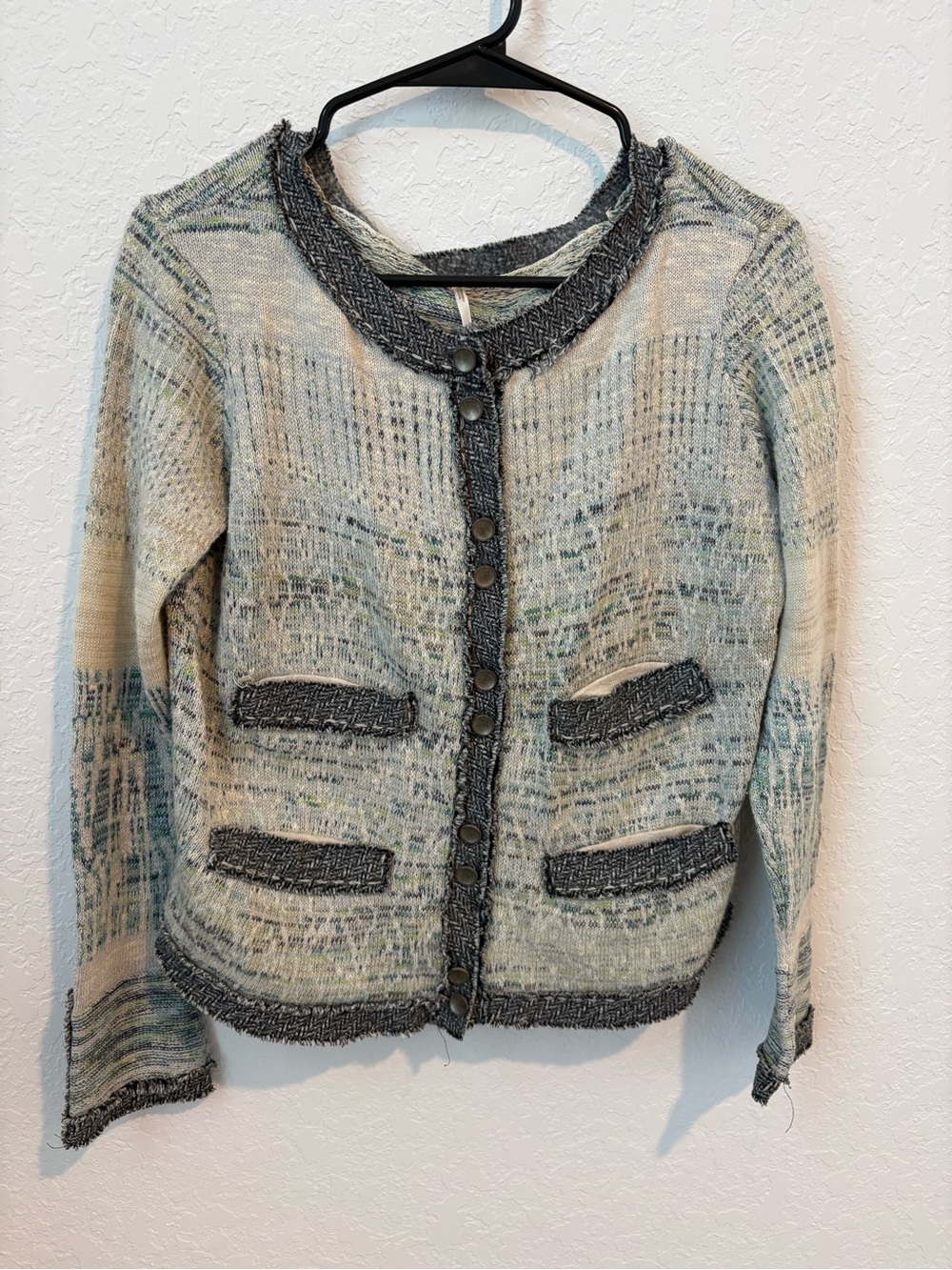 Free People Textured Knit Cardigan Jacket in Cream and Teal, Size XS